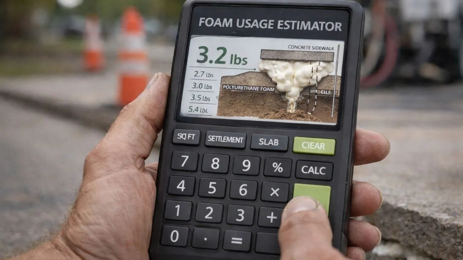 Calculating polyurethane foam usage for a concrete lifting job.
