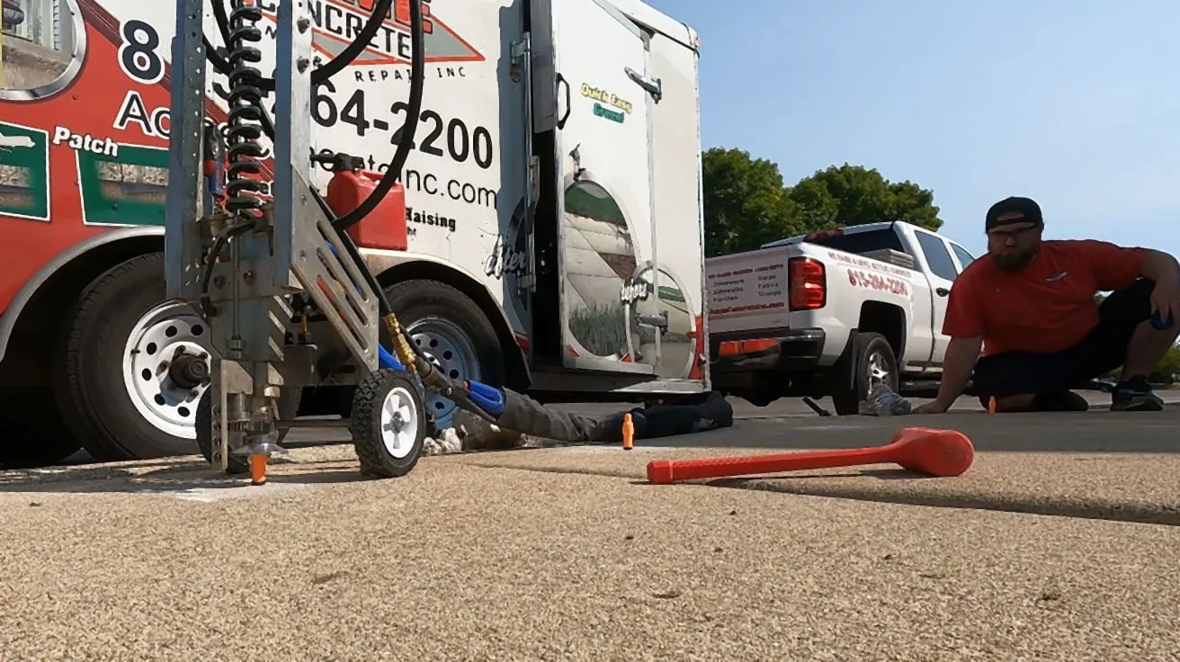 A wheeled polyurethane injection gun set over a drilled port on a driveway slab, hose running back to the trailer, with the operator crouched several feet away watching the lift.