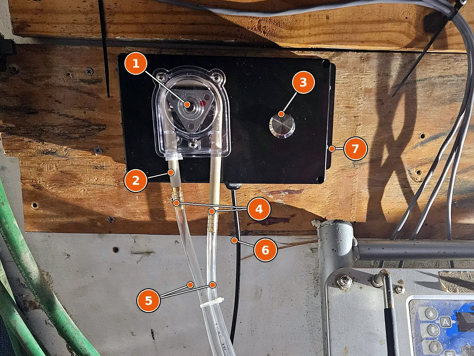 The finished pump box mounted on the rig, above the proportioner.