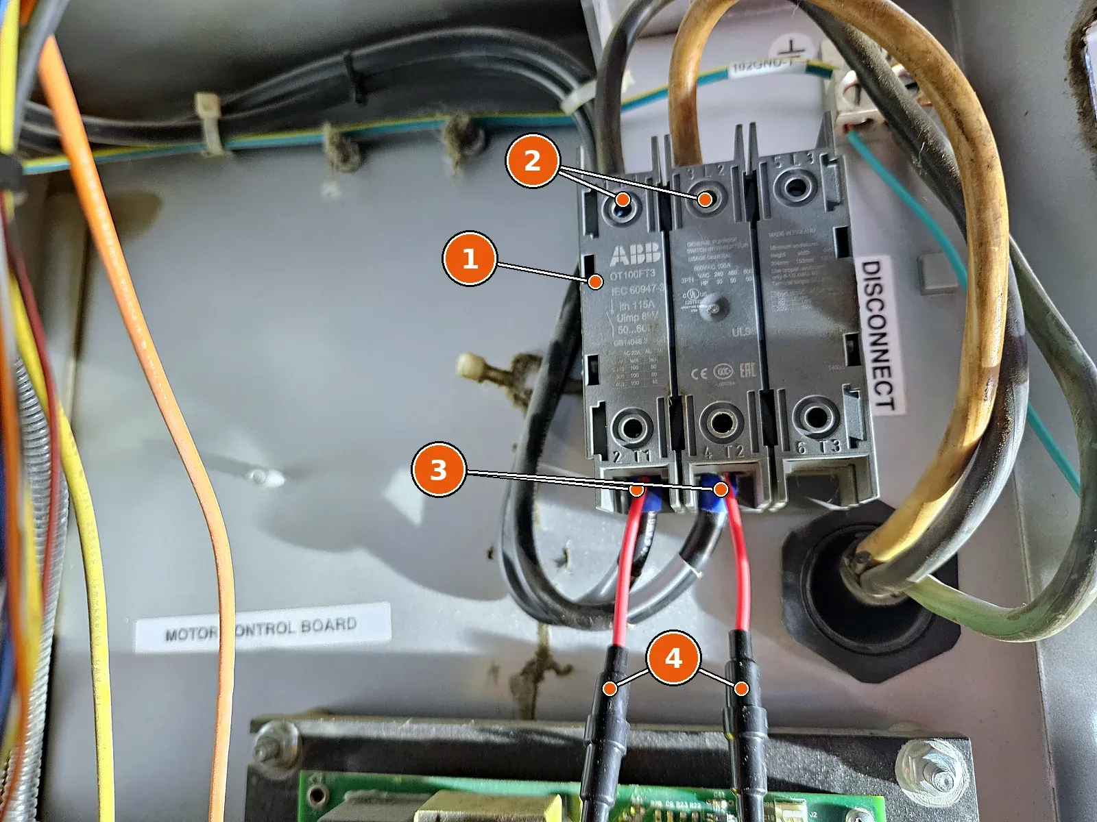 Power comes off the load side of the main disconnect, so the pump only runs when the reactor is on.