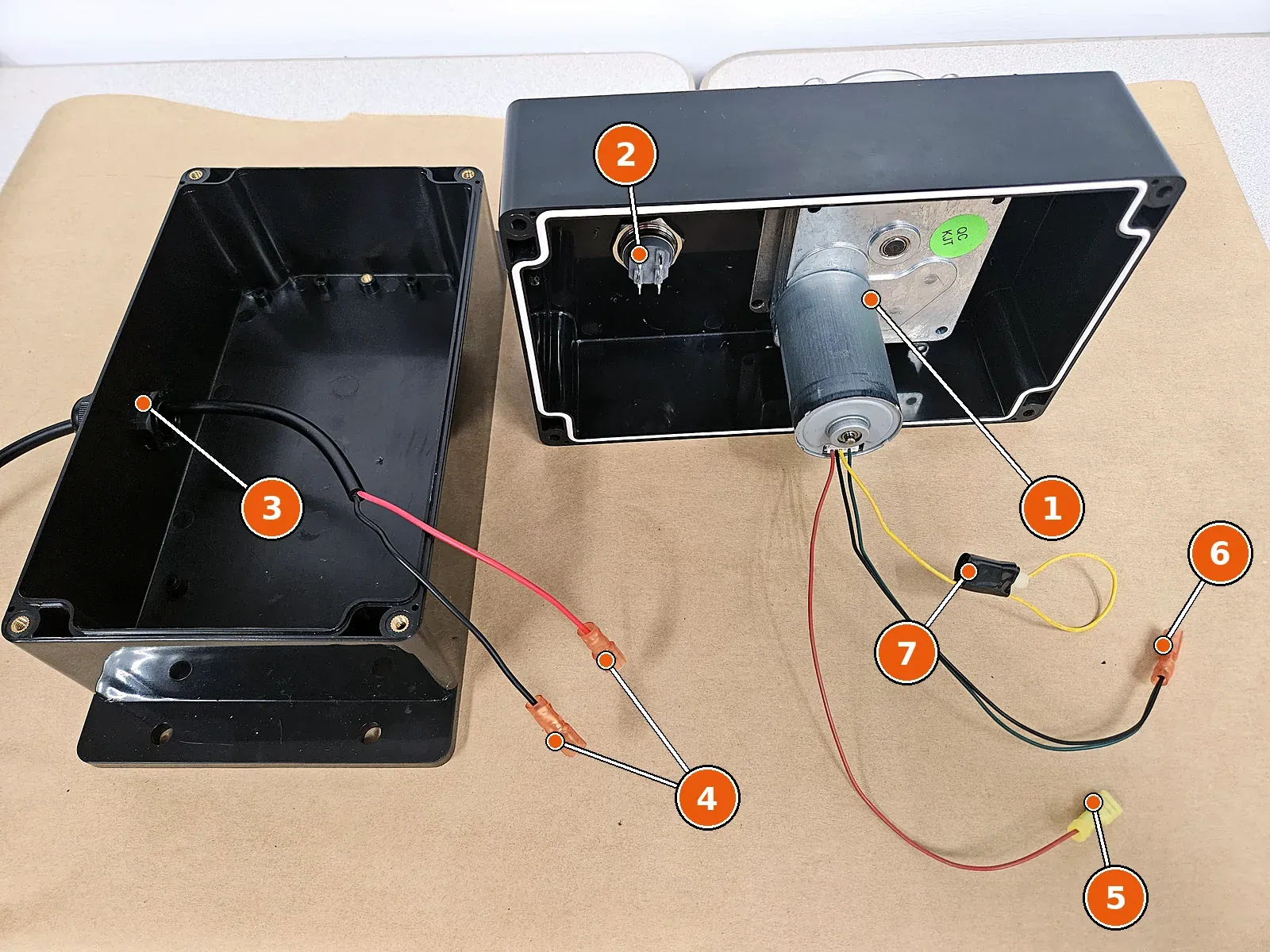 Pump and switch mounted to the lid, with the supply cable through the gland.